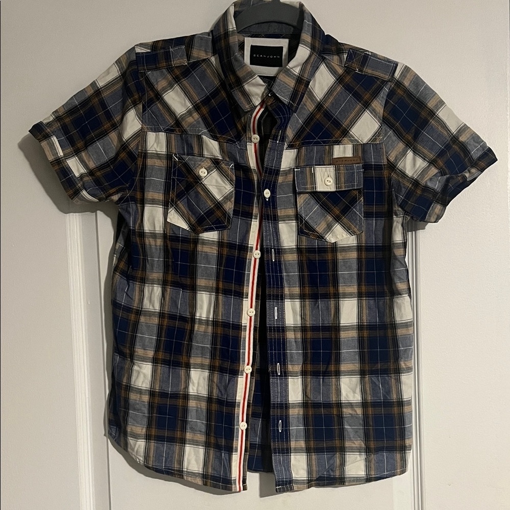 Sean John Blue and White Plaid Button Down Shirt
